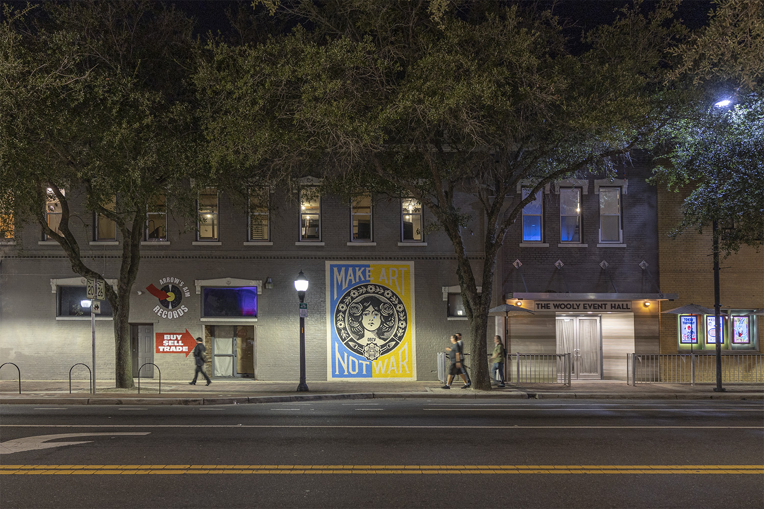 Irina Kanishcheva (native from Lviv, Ukraine, public art curator and producer) and the Florida-based public art platform Monochronicle, with the support of Shepard Fairey, organized a mural project in Gainesville, Florida, to fundraise for Ukraine. The design Make Art Not War was executed by a team of local artists, Visionary Fam. Raised money was sent to Ukrainians directly, without any big charities involve
